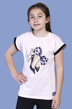 Toontoy Kız Çocuk Fiyonk Baskılı  Kolları Garni Detaylı Tişört