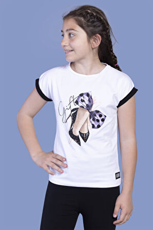 Toontoy Kız Çocuk Fiyonk Baskılı  Kolları Garni Detaylı Tişört