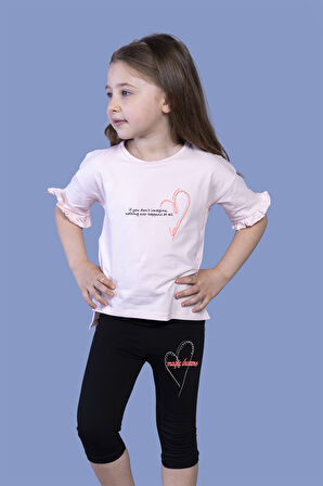 Toontoy Kız Çocuk Düşük Kol Büzgü Detaylı Baskılı Taytlı Takım