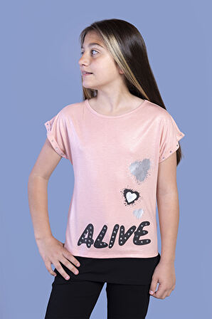 Toontoy Kız Çocuk Simli Garni Detaylı Baskılı Tişört