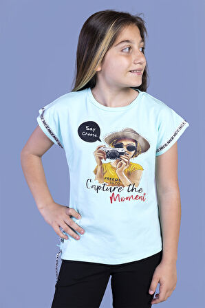 Toontoy Kız Çocuk Şerit Detaylı Baskılı Tişört