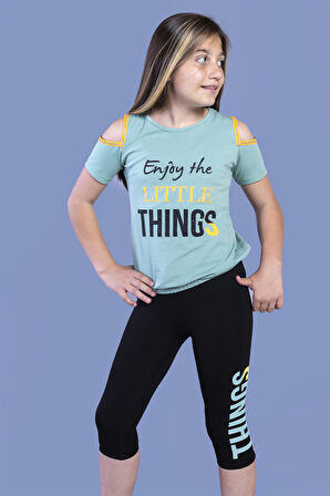 Toontoy Kız Çocuk Kolları Şerit Detaylı Baskılı Taytlı Takım