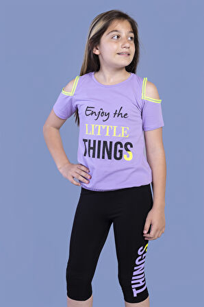 Toontoy Kız Çocuk Kolları Şerit Detaylı Baskılı Taytlı Takım