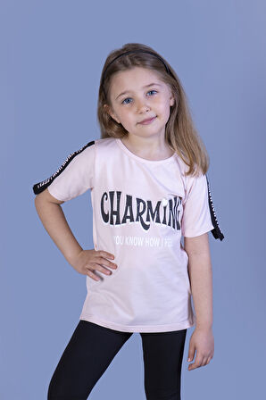 Toontoy Kız Çocuk Kolları Şerit Detaylı Baskılı Tişört