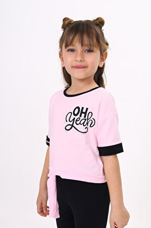 Toontoy Kız Çocuk Önü Bağlama Detaylı Baskılı Tişört