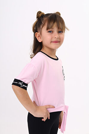 Toontoy Kız Çocuk Önü Bağlama Detaylı Baskılı Tişört