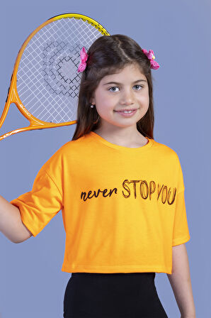 Toontoy Kız Çocuk Baskılı Düşük Kol Crop Tişört