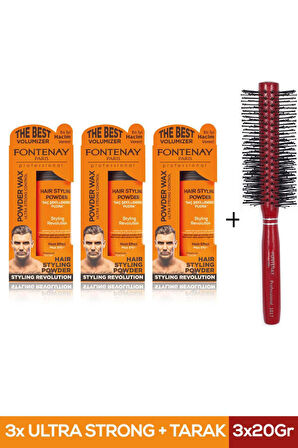 Fontenay Saç Şekillendirici Pudra Toz Wax Ultra Strong Turuncu 20gr X3 + Profesyonel Saç Fırçası 1017  4'lü Set