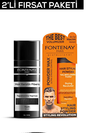Fontenay Saç Dolgunlaştırıcı KeratinFibers Siyah Topik Saç Tozu 50gr+Ultra Strong Toz Wax 2'Li Set