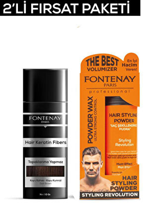 Fontenay Saç Dolgunlaştırıcı KeratinFibers Koyu Kahve Topik Saç Tozu 50gr+Ultra Strong Toz Wax 2'Li Set