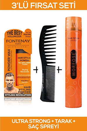 Fontenay Saç Şekillendirici Pudra Toz Wax Ultra Strong Turuncu + Şekil Tarağı + Saç Sprey 3'Lü Set