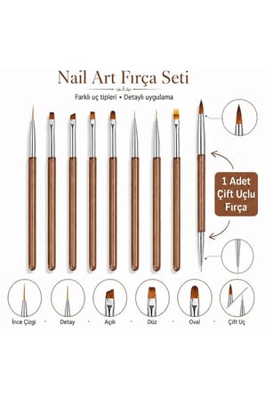 9’lu Premium Nail Art Fırça Seti Çift Uçlu İnce Detay Düz Açılı Oval Uçlu Kahverengi