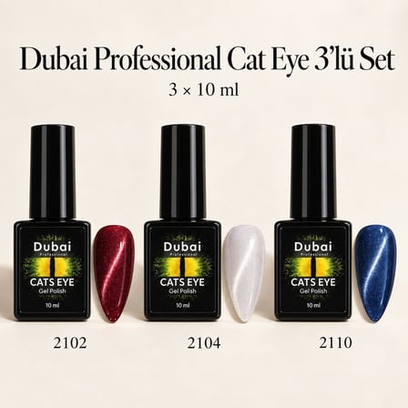 Dubai Professional Gel Polish 3’lüDubai Professional Cat Eye Gel Polish 3’lü Set 3 x 10 ml – 2102 Bordo, 2104 Sedefli Beyaz, 2110 Mavi Kedi Gözü Kalıcı Oje