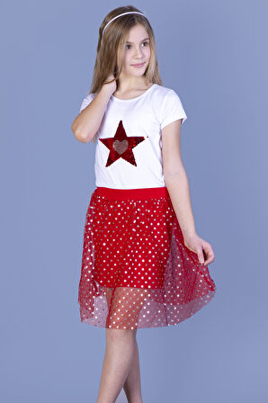 Kız Çocuk Simli Etekli Takım Pullu Kalp Nakışlı