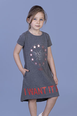Toontoy Kız Çocuk  I Want It All Baskılı Elbise