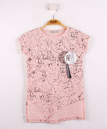 Toontoy Kız Çocuk Göğsü Şerit Aksesuarlı Tişört