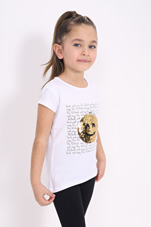 Toontoy Kız Çocuk Gülen Yüz Pullu Nakış Tişört