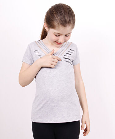 Toontoy Kız Çocuk Yaka Biyeli Taşlı Tişört