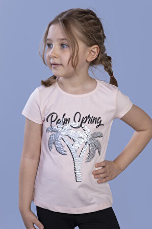 Toontoy Kız Çocuk Pullu Palmiye Nakışlı Tişört