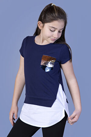 Toontoy Kız Çocuk Göğsü Cepli Pul Nakışlı Tişört