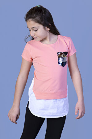 Toontoy Kız Çocuk Göğsü Cepli Pul Nakışlı Tişört