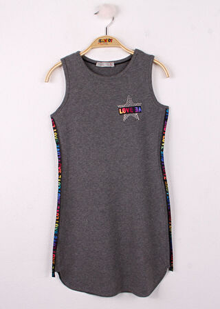 Toontoy Kız Çocuk Göğsü Yıldız Baskılı Sıfır Kol Elbise