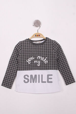 Toontoy Kız Çocuk Kareli Kumaşlı Smile Baskılı T-Shirt