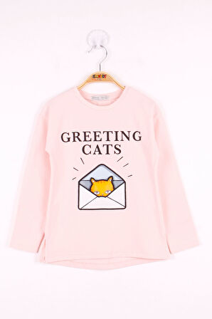 Toontoy Kız Çocuk Kedi Baskılı T-Shirt