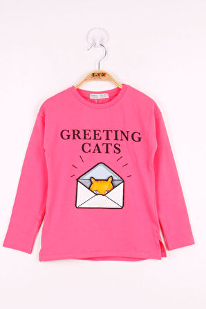 Toontoy Kız Çocuk Kedi Baskılı T-Shirt