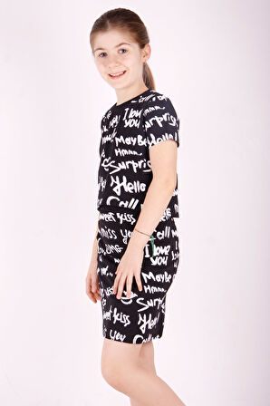 Toontoy Kız Çocuk Komple Yazı Baskılı Etekli Takım