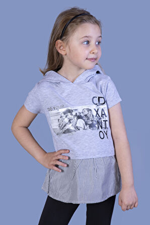 Toontoy Kız Çocuk Eteği ve Kapüşonu Garnili Tişört