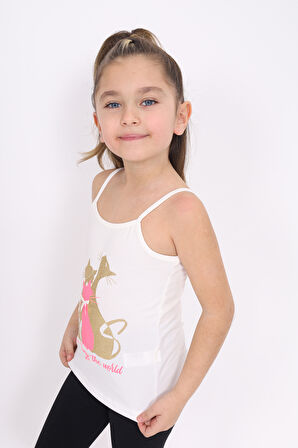 Toontoy Kız Çocuk Fiyonk Aksesuarlı Kedi Baskılı Atlet