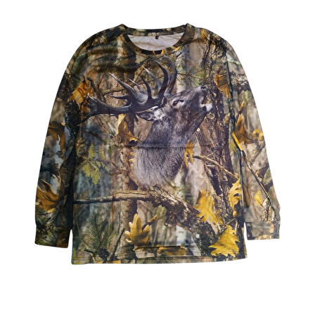 Geyik Desenli Orman Kamuflaj Sıfır Yaka Uzun Kollu Sweatshirt - XXL