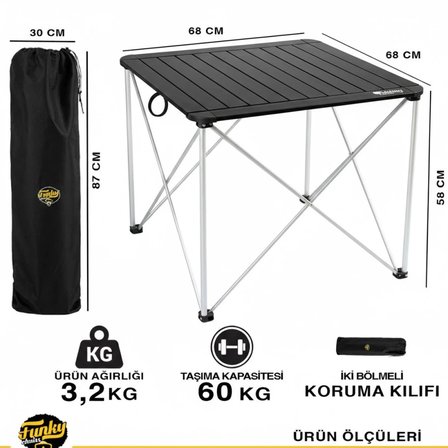 Funky Chairs Titanium Katlanabilir Çantalı Alüminyum Kamp ve Piknik Masası 68x68x58 Siyah