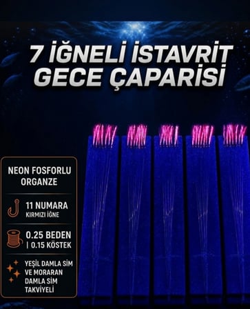 5 Adet - 11 Numara Kırmızı İğne Pembe Simli - 7 İğneli İstavrit Gece Çaparisi 0.25 Beden 0.15 Köstek