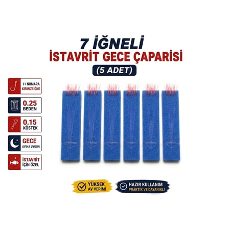 5 Adet - 11 Numara Kırmızı İğne Pembe Simli - 7 İğneli İstavrit Gece Çaparisi 0.25 Beden 0.15 Köstek