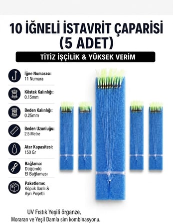 5 Adet - 11 Numara Beyaz İğne Yeşil Sim - 10 İğneli İstavrit Çaparisi 0.25 Beden 0.15 Köstek