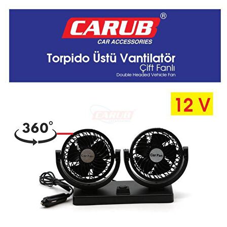 Carub Oto Vantilatör Çift Pervaneli Torpido Üstü 2 Kademeli 12 Volt