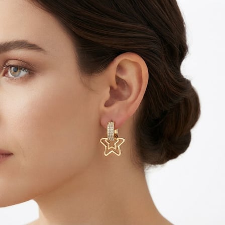 Gold Renk Çelik Zirkon Taşlı İçi İçe Çift Yıldız Küpe