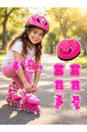 Bisiklet Kaykay Paten Çocuk Kaskı Ve Dizlik Set PEMPE/PEMBE