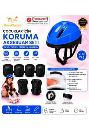 Bisiklet Kaykay Paten Çocuk Kaskı Ve Dizlik Set MAVİ/SİYAH