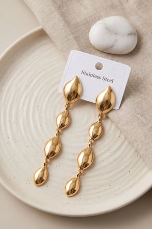 316L Çelik Gold Renk Yaprak Motifli Uzun Tasarım Küpe TJ-BKP12050