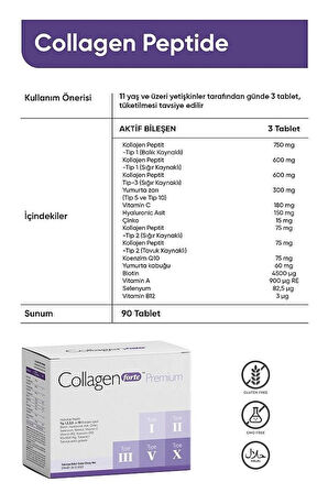 5 Tip Kolajen Premium, Biotin, Cinko, Selenyum, Retinol, B12 ve C Vitamini, Koenzim Q10 - 90 Tablet