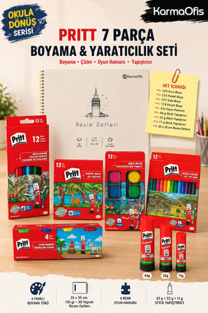 Boyama ve Yaratıcılık Seti – 12’li Kuru, Pastel, Sulu, Keçeli Boya, Oyun Hamuru, Stick Yapıştırıcı ve 1 Adet 110 gr 30 yp 25x35 Resim Defteri