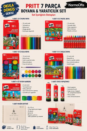 Boyama ve Yaratıcılık Seti – 12’li Kuru, Pastel, Sulu, Keçeli Boya, Oyun Hamuru, Stick Yapıştırıcı ve 1 Adet 110 gr 30 yp 25x35 Resim Defteri