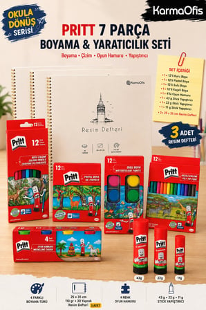 Boyama ve Yaratıcılık Seti – 12’li Kuru, Pastel, Sulu, Keçeli Boya, Oyun Hamuru, Stick Yapıştırıcı ve 3 Adet 110 gr 30 yp 25x35 Resim Defteri