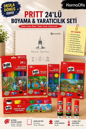 24’lü Boyama ve Yaratıcılık Seti – Kuru Boya, Pastel Boya, Keçeli Boya, Sulu Boya, Oyun Hamuru, Yapıştırıcı ve 1 Adet 110 gr 30 yp 25x35 Resim Defteri