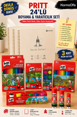 24’lü Boyama ve Yaratıcılık Seti – Kuru Boya, Pastel Boya, Keçeli Boya, Sulu Boya, Oyun Hamuru, Yapıştırıcı ve 3 Adet 110 gr 30 yp 25x35 Resim Defteri