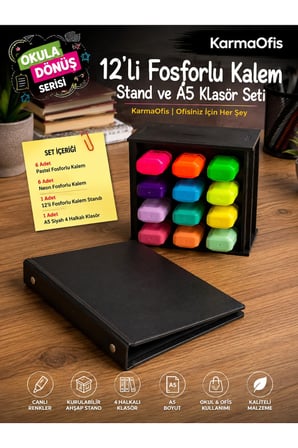 12’li Fosforlu Kalem Standı ve A5 4 Halkalı Siyah Klasör Seti | 6 Pastel + 6 Neon Kalem