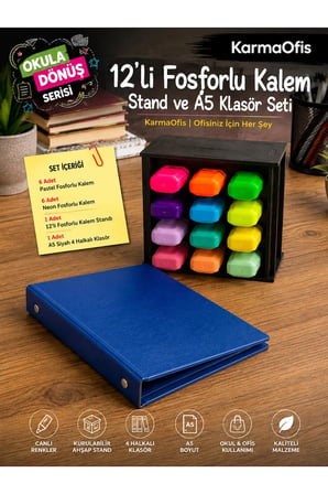 12’li Fosforlu Kalem Standı ve A5 4 Halkalı Mavi Klasör Seti | 6 Pastel + 6 Neon Kalem